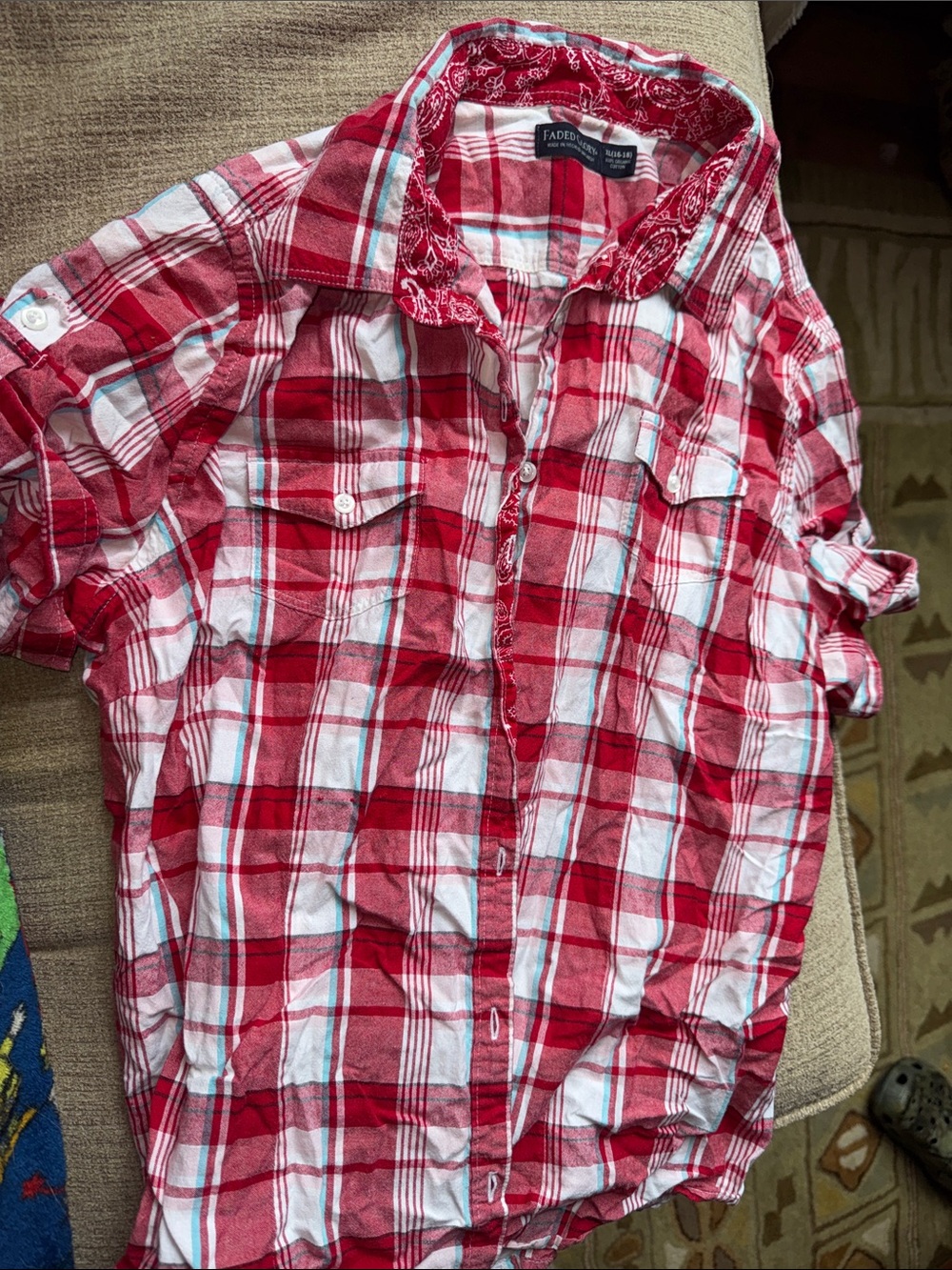 Faded Glory Red and White Plaid Button-Down Shirt